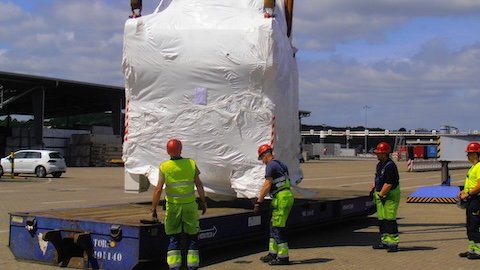 Oversized cargo secured on a roll trailer (MAFI), positioned on the quay for RoRo vessel loading