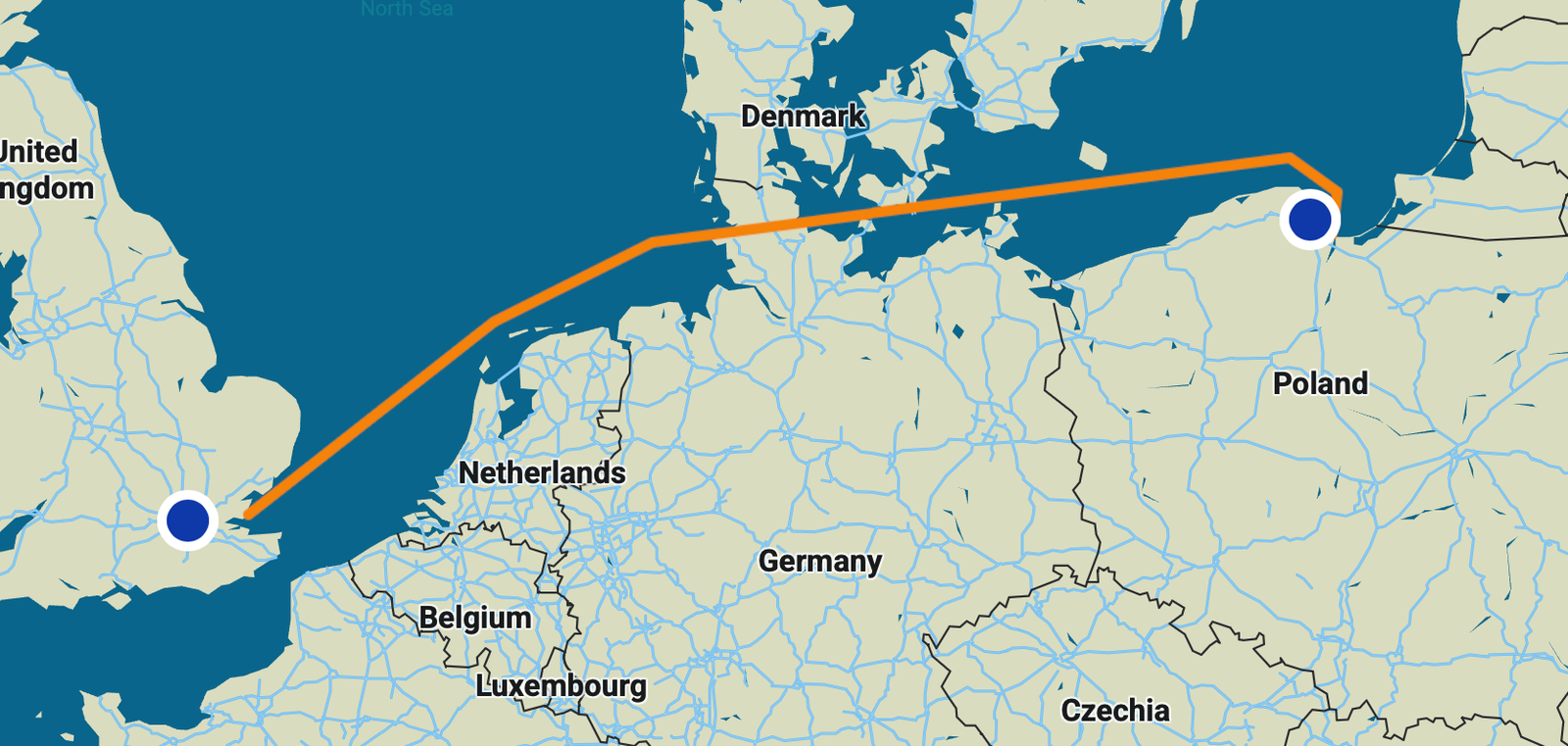Transportation route map for oversized and heavy cargo from UK to Poland