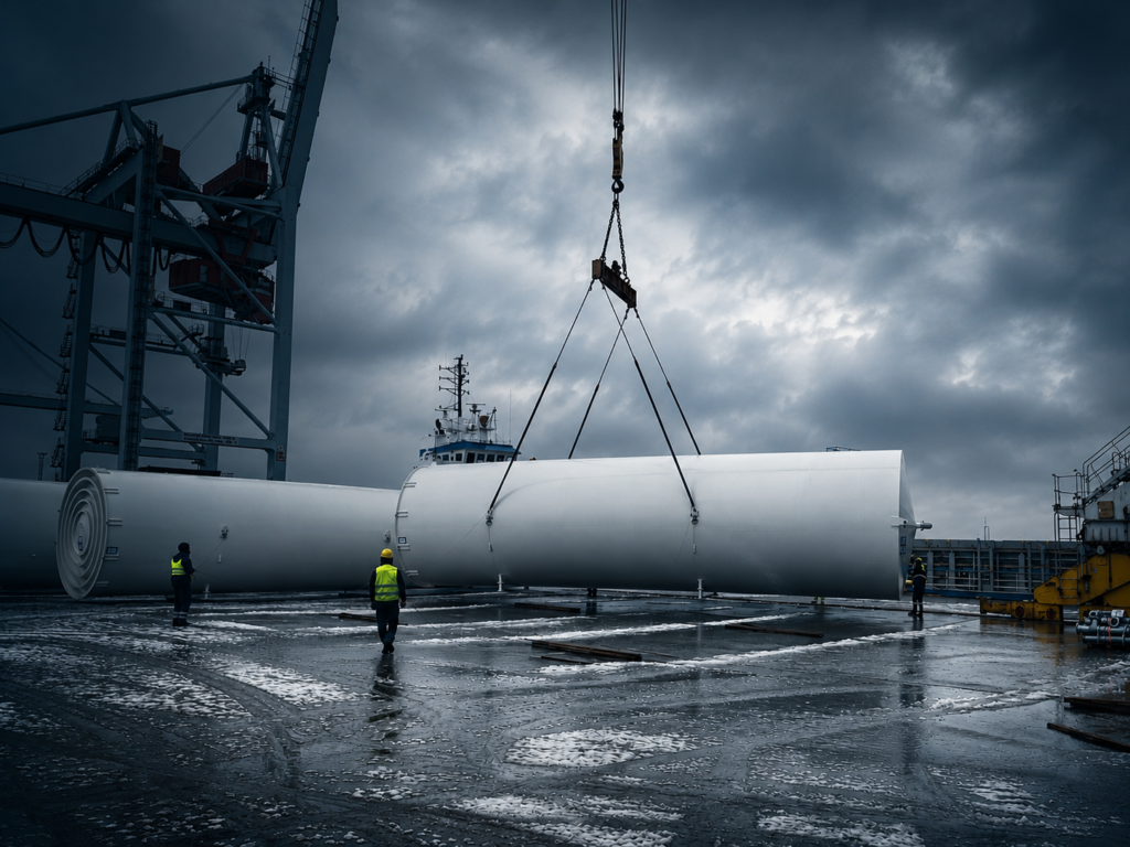 Heavy cargo lifting operation at a seaport during breakbulk vessel loading