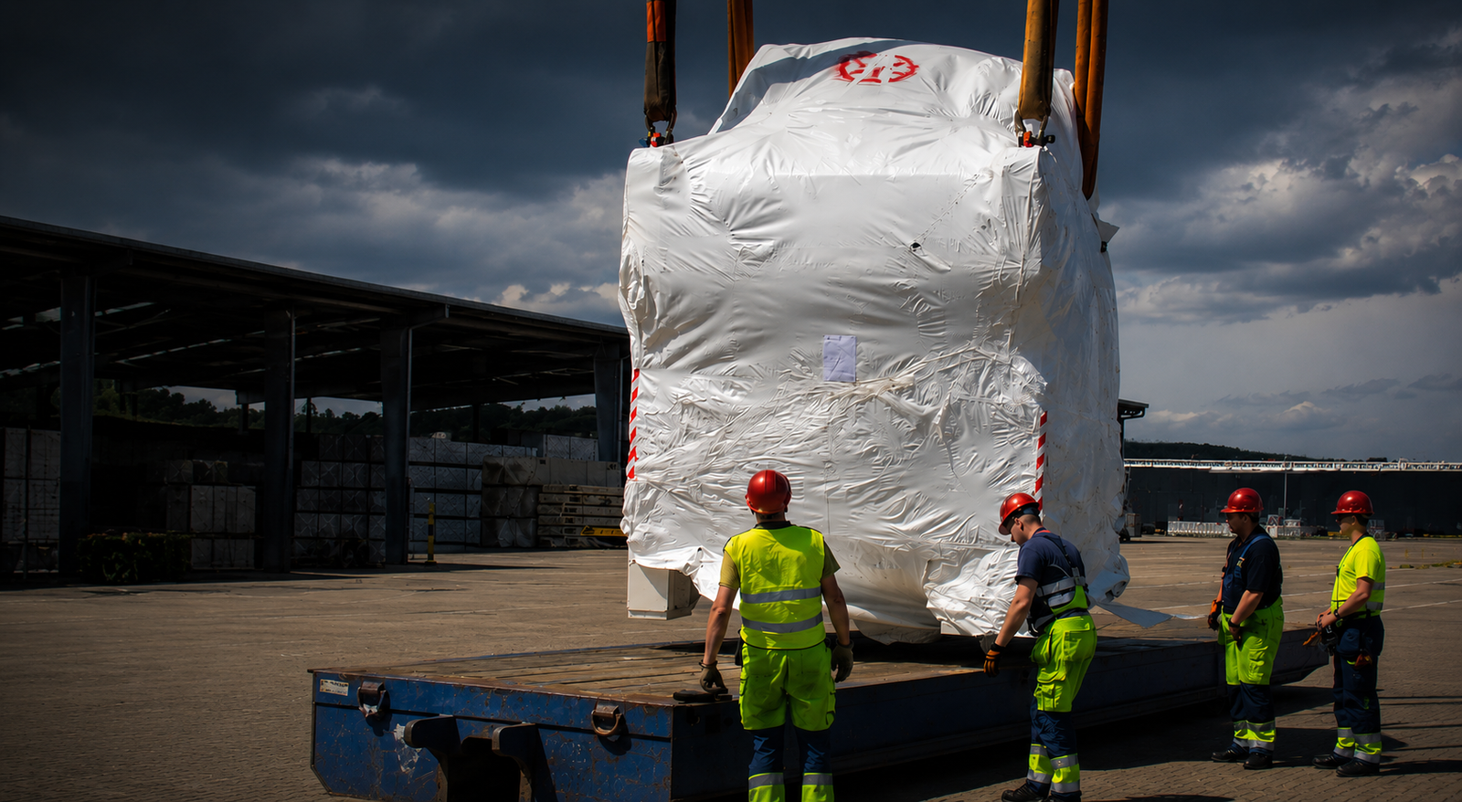 oversized and heavy cargo (winch) being loaded on mafi trailer for roro transportation