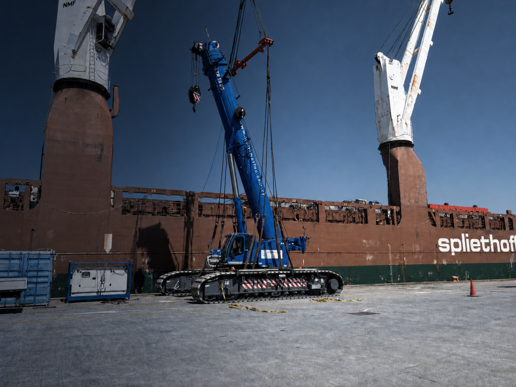 heavy crane loaded on breakbulk liner vessel