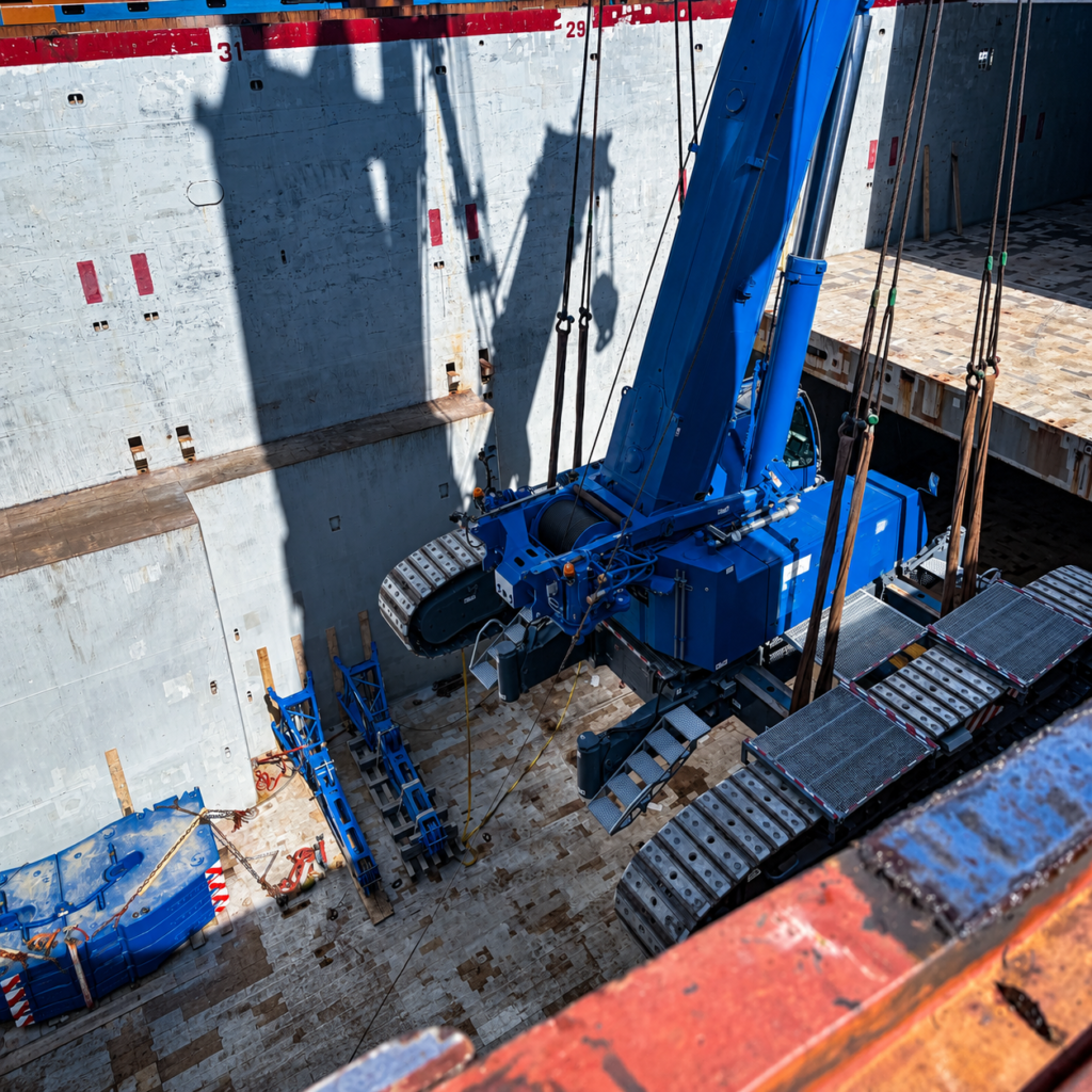 heavy telescopic crane being loaded into ship's hold